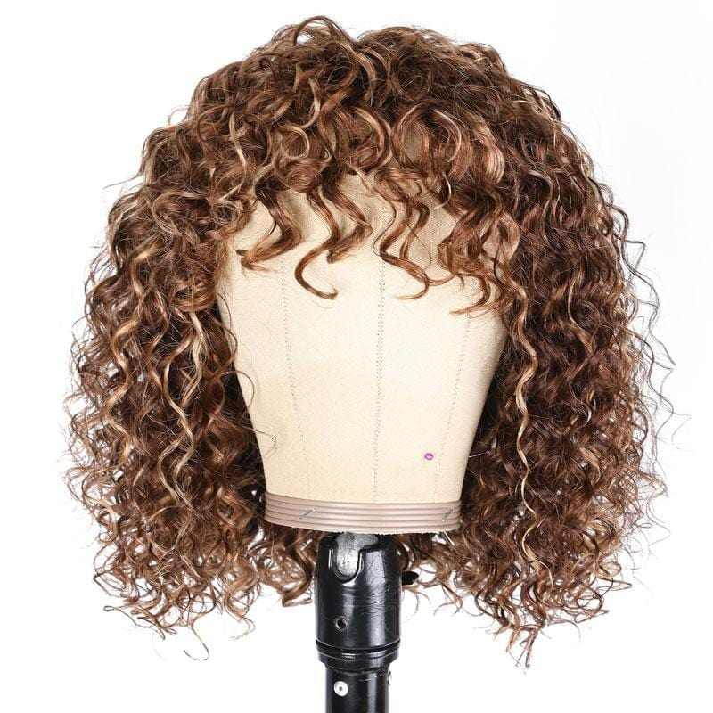 Klaiyi Bouncy Curl Short Bob Human Hair Wigs with Bangs for Women Ombre Highlight Wig