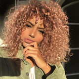 Klaiyi Bouncy Curl Short Bob Human Hair Wigs with Bangs for Women Ombre Highlight Wig