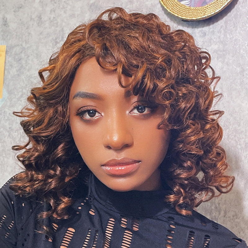 Klaiyi Bouncy Rose Curly Short Bob Wig Glueless Reddish Brown Color Wig with Bangs Flash Sale