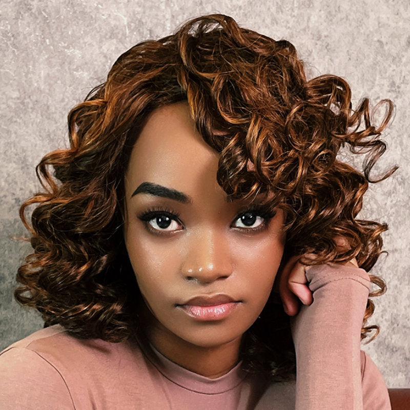 Klaiyi Bouncy Rose Curly Short Bob Wig Glueless Reddish Brown Color Wig with Bangs Flash Sale
