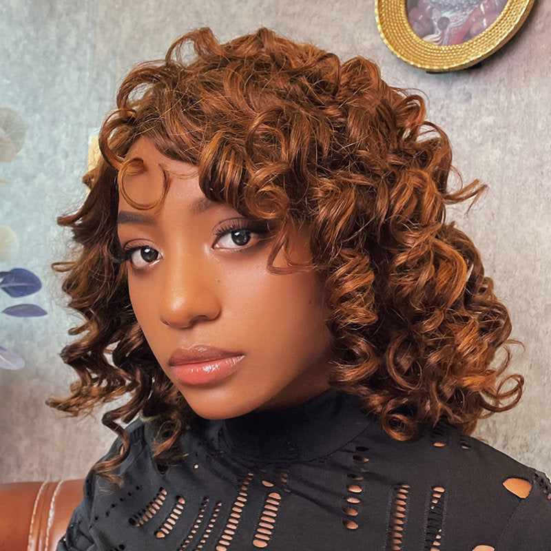 Klaiyi Bouncy Rose Curly Short Bob Wig Glueless Reddish Brown Color Wig with Bangs Flash Sale