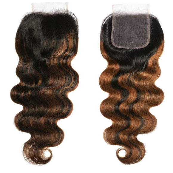 Klaiyi Brown Balayage Highlight Color 4x4 Swiss Lace Closure Free Part Body Wave Virgin Human Hair