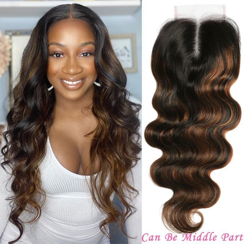Klaiyi Brown Balayage Highlight Color 4x4 Swiss Lace Closure Free Part Body Wave Virgin Human Hair