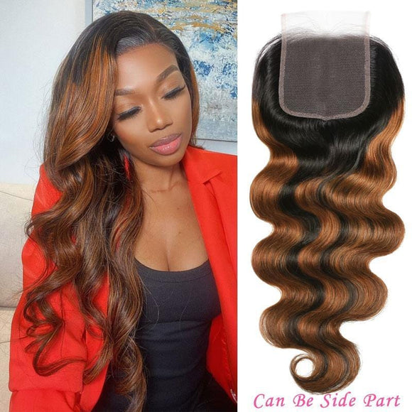 Klaiyi Brown Balayage Highlight Color 4x4 Swiss Lace Closure Free Part Body Wave Virgin Human Hair