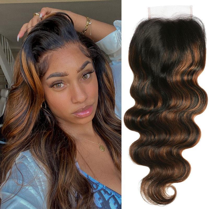 Klaiyi Brown Balayage Highlight Color 4x4 Swiss Lace Closure Free Part Body Wave Virgin Human Hair