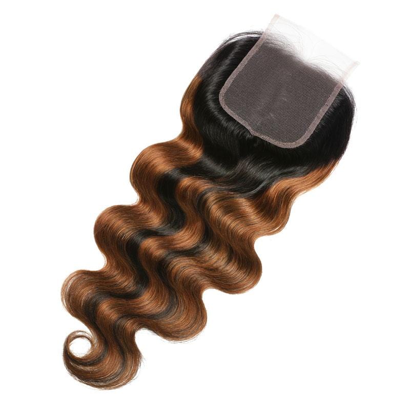 Klaiyi Brown Balayage Highlight Color 4x4 Swiss Lace Closure Free Part Body Wave Virgin Human Hair
