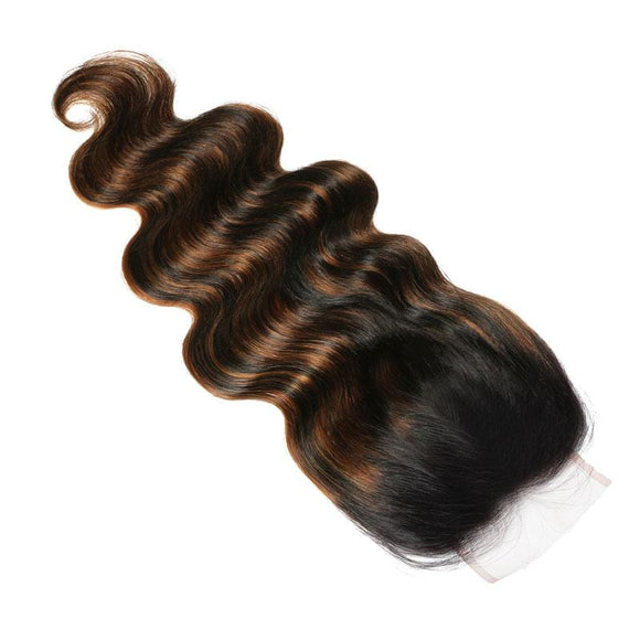Klaiyi Brown Balayage Highlight Color 4x4 Swiss Lace Closure Free Part Body Wave Virgin Human Hair
