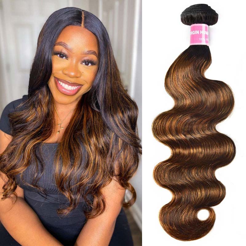 Klaiyi Brown Balayage #1b/30 Highlight Color Body Wave Human Virgin Hair Bundles Deal Flash Sale