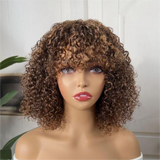 Klaiyi Brown With Blonde Highlight Messy Curls Bob Wig with Bangs Glueless Affordable Short Human Hair Wigs