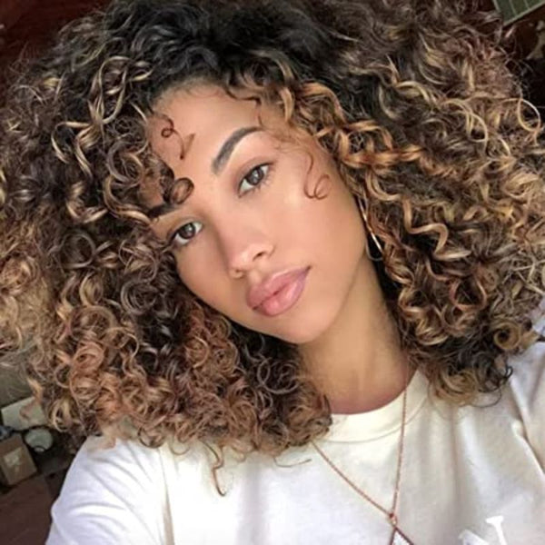 Klaiyi Brown With Blonde Highlight Messy Curls Bob Wig with Bangs Glueless Affordable Short Human Hair Wigs