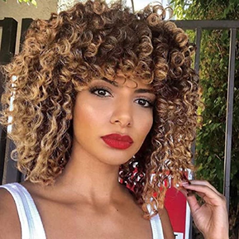 Klaiyi Brown With Blonde Highlight Messy Curls Bob Wig with Bangs Glueless Affordable Short Human Hair Wigs