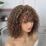 Klaiyi Brown With Blonde Highlight Messy Curls Bob Wig with Bangs Glueless Affordable Short Human Hair Wigs