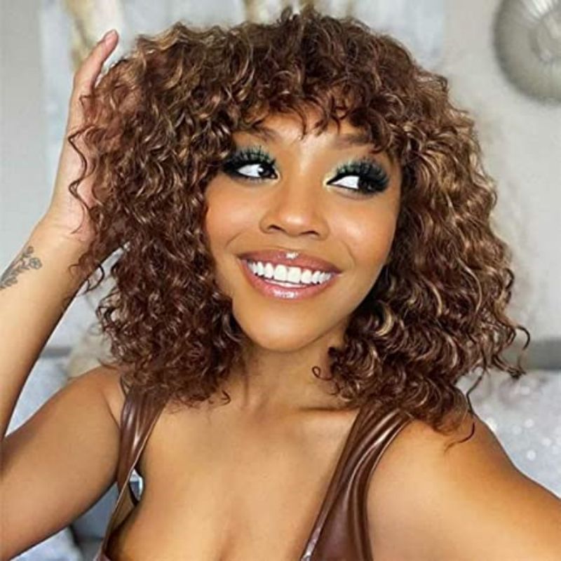Klaiyi Brown With Blonde Highlight Messy Curls Bob Wig with Bangs Glueless Affordable Short Human Hair Wigs