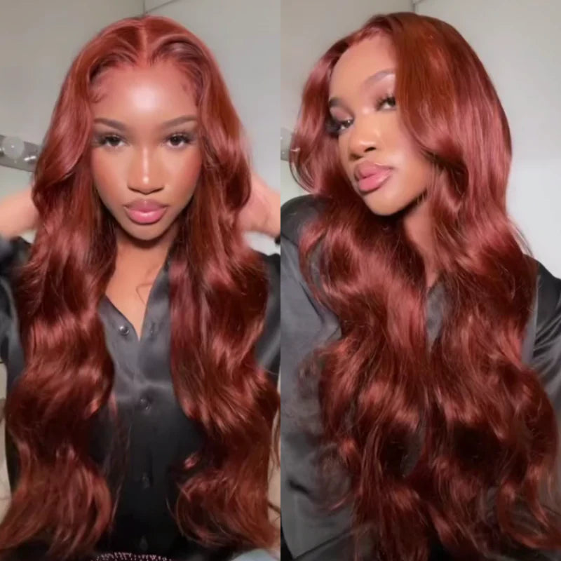 Klaiyi Brunette Auburn Copper 4x4 Lace Part Wig Reddish Brown Color Virgin Human Hair