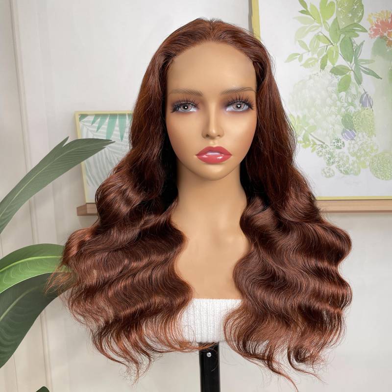 Klaiyi Brunette Auburn Copper 4x4 Lace Part Wig Reddish Brown Color Virgin Human Hair