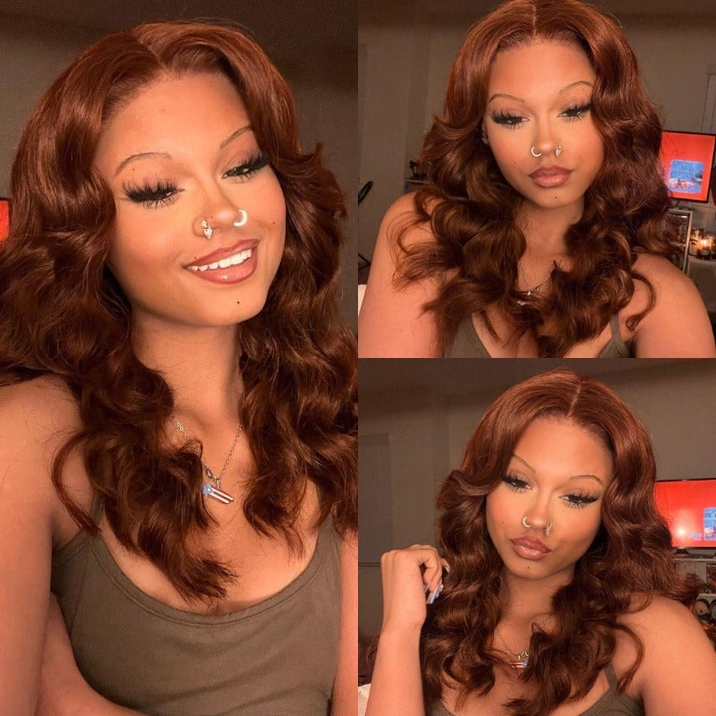 Klaiyi Brunette Auburn Copper 4x4 Lace Part Wig Reddish Brown Color Virgin Human Hair