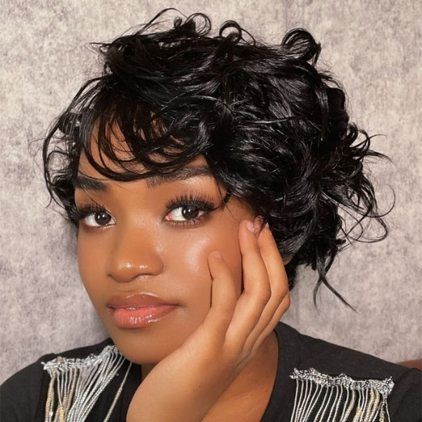 Klaiyi Chic Curly Glueless Short Wig with Side Swept Bangs for Women Falsh Sale