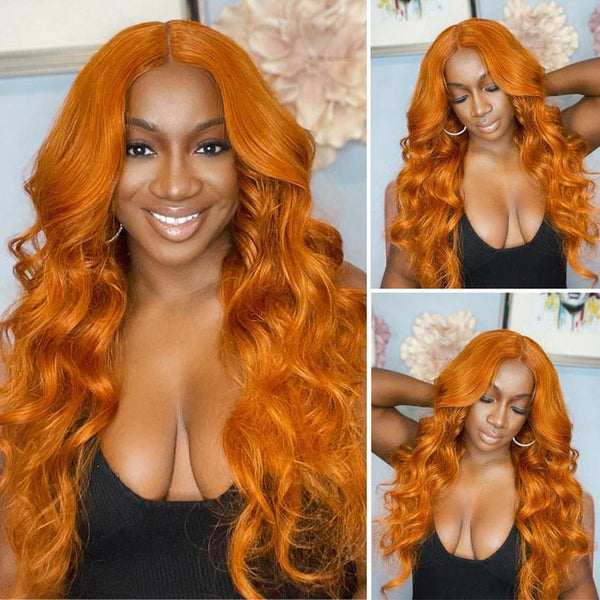 Klaiyi Cinnamon Color Lace Frontal Wig Human Hair Body Wave Ginger Wigs with Baby Hair Natural Density Series