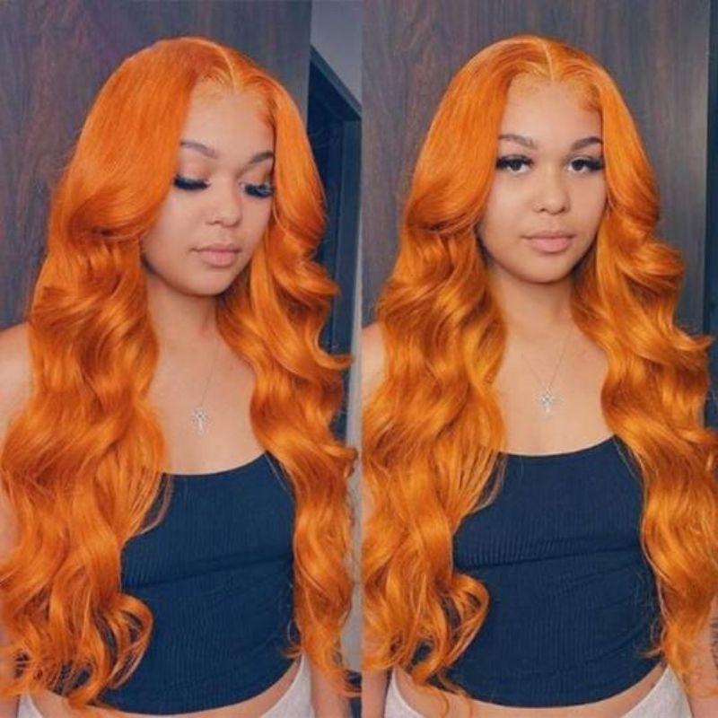 Klaiyi Cinnamon Color Lace Frontal Wig Human Hair Body Wave Ginger Wigs with Baby Hair Natural Density Series