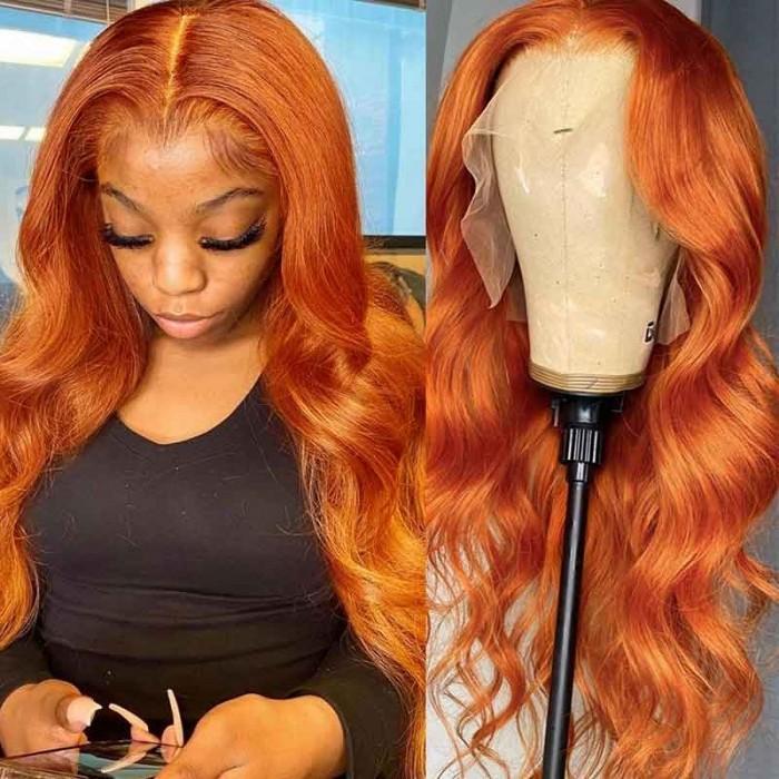 Klaiyi Cinnamon Color Lace Frontal Wig Human Hair Body Wave Ginger Wigs with Baby Hair Natural Density Series