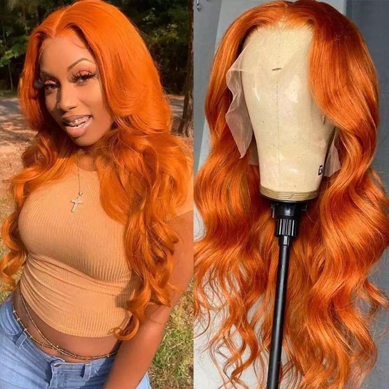 Klaiyi Cinnamon Color Lace Frontal Wig Human Hair Body Wave Ginger Wigs with Baby Hair Natural Density Series