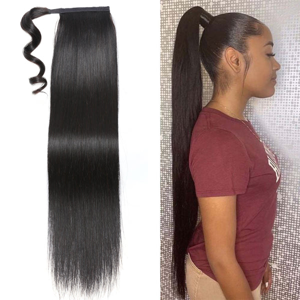 Klaiyi Clip in Ponytail Hair Extensions Human Hair Wrap Around Bone Straight