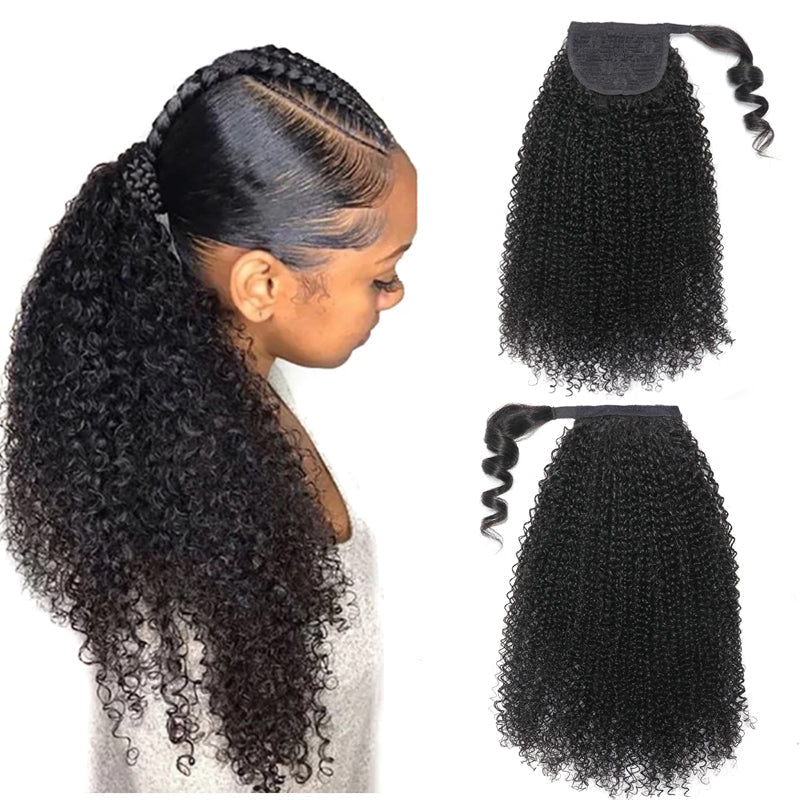 Klaiyi Jerry Curl Hair Weave Ponytail Wrap Around 5 Styles Clip in Hair Extensions Can Be Chosen