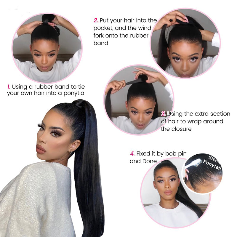 Klaiyi Clip in Ponytail Hair Extensions Human Hair Wrap Around