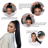 Klaiyi Straight Ponytail with Weave Hair Extensions Wrap Around Clip in Braided Ponytail Hairstyles
