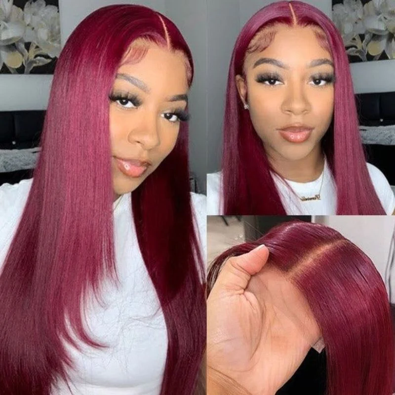 Klaiyi Dark 99J Burgundy Color Long Straight Lace Front Wigs 100% Virgin Human Hair Wigs