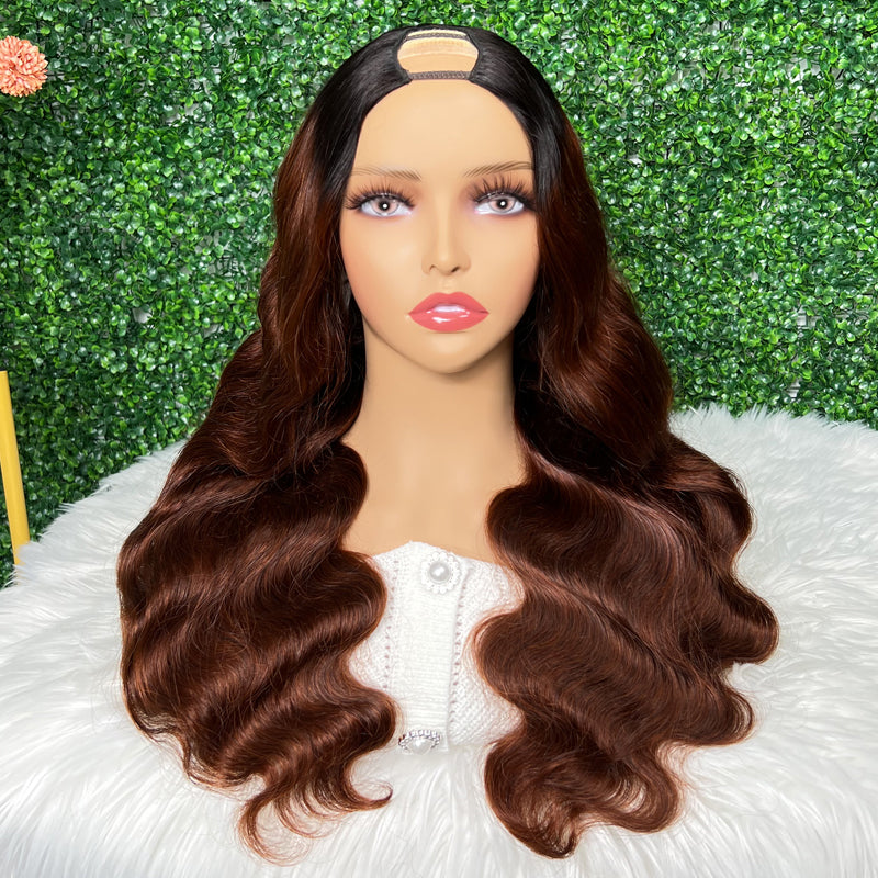 Klaiyi V Part Wig Dark Root Brunette Auburn Brown Human Hair Scalp Protective U Part Wigs Flash Sale