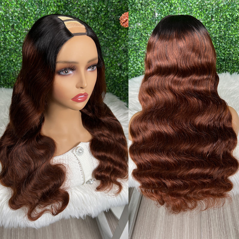 22-24 Inch Dark Root Reddish Brown Color Glueless U Part Wig - Clearance Flash Sale