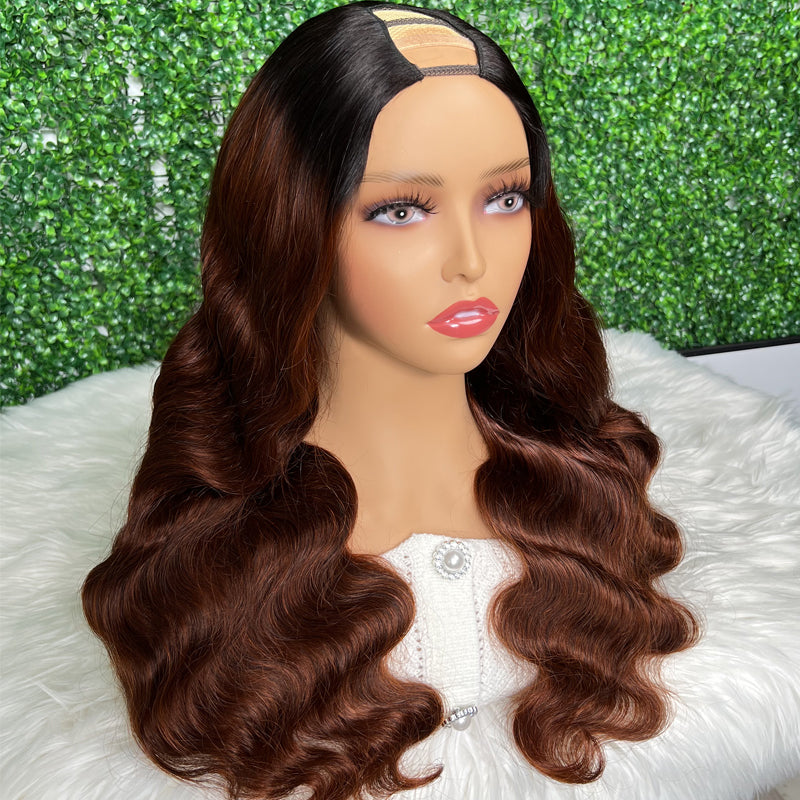 Klaiyi Dark Root Reddish Brown Color Glueless U Part Wig Human Hair Beginner Friendly