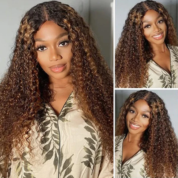Klaiyi 180% Density Dark Roots Blonde Highlight Balayage Curly Hair Lace Front Wigs Best Colored Wigs Flash Sale