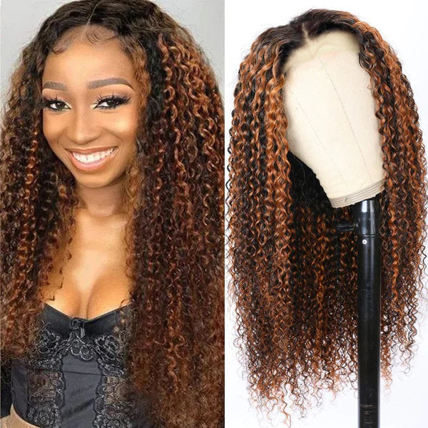 Klaiyi 180% Density Dark Roots Blonde Highlight Balayage Curly Hair Lace Front Wigs Best Colored Wigs Flash Sale