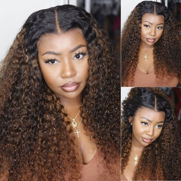 Klaiyi 180% Density Dark Roots Blonde Highlight Balayage Curly Hair Lace Front Wigs Best Colored Wigs Flash Sale