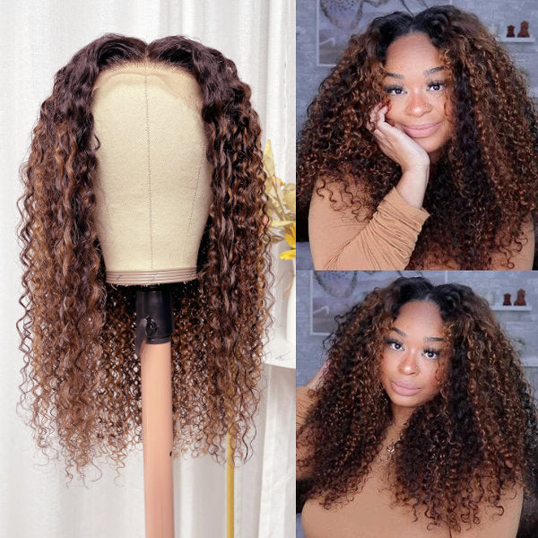 Klaiyi 180% Density Dark Roots Blonde Highlight Balayage Curly Hair Lace Front Wigs Best Colored Wigs Flash Sale