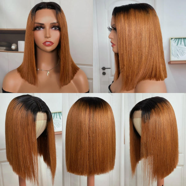 Klaiyi Dark Roots Brown Cut Bob Lace Front Wigs Human Hair Preplucked Middle Part Short Lace Wig