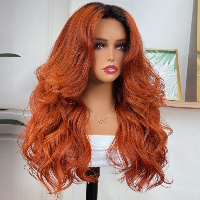 Klaiyi Dark Roots Cinnamon Brunette 13x4 Lace Frontal Wig Human Hair