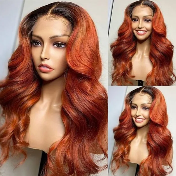 Klaiyi Dark Roots Cinnamon Brunette 13x4 Lace Frontal Wig Human Hair