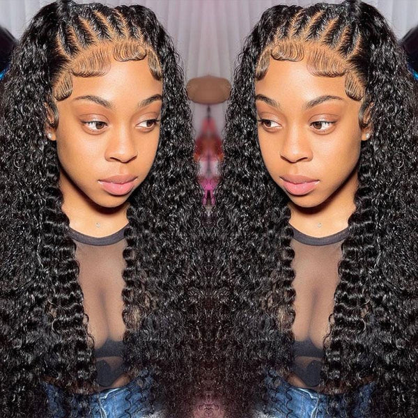 Klaiyi Deep Curly Lace Frontal Wig Human Hair for Women Pre Plucked with Baby Hair