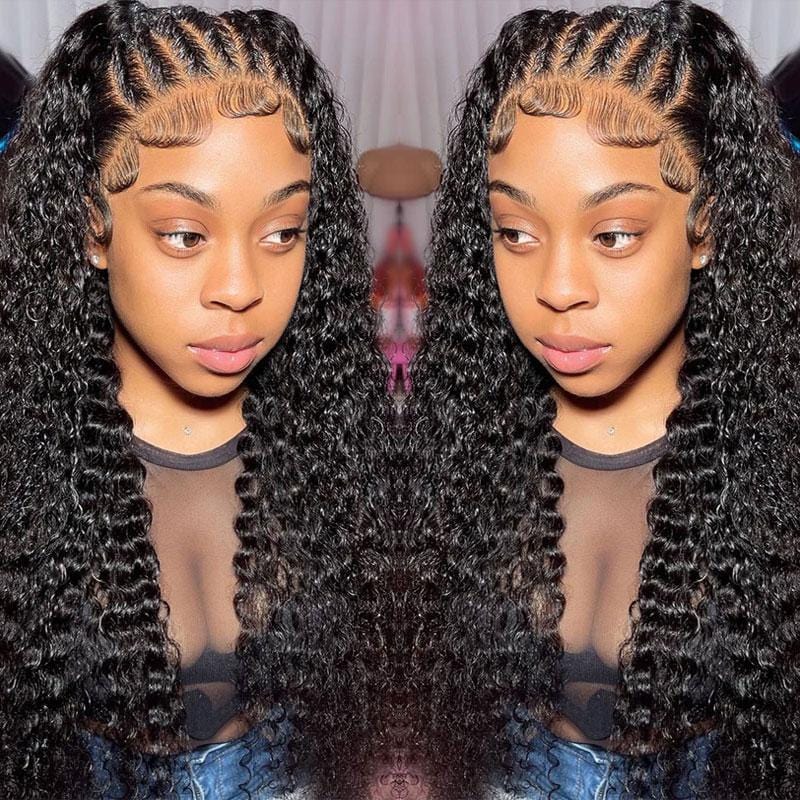 Klaiyi Deep Curly Lace Frontal Wig Human Hair for Women Pre Plucked with Baby Hair