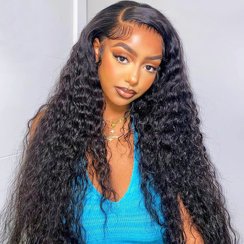 Klaiyi Deep Wave 13x4 HD Transparent Lace Front Wig Human Hair Curly Glueless Lace Wigs