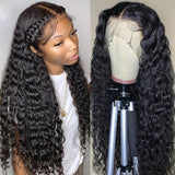Klaiyi Deep Wave 13x4 HD Transparent Lace Front Wig Human Hair Curly Glueless Lace Wigs