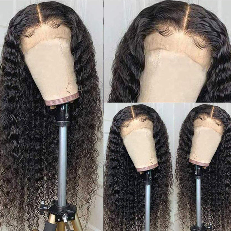 Klaiyi Deep Wave 13x4 HD Transparent Lace Front Wig Human Hair Curly Glueless Lace Wigs