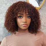 Klaiyi Glueless Ready To Wear Dark Auburn Short Curly Afro Wig With Bangs Machine Made Human Hair Wigs