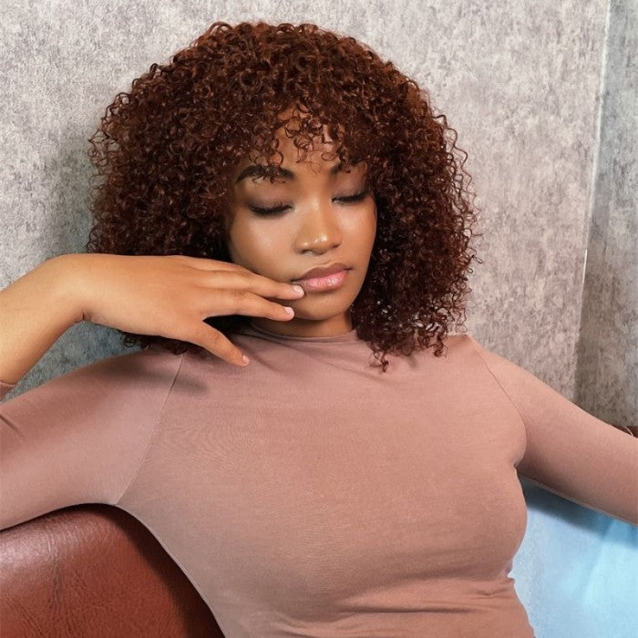 Klaiyi Glueless Ready To Wear Dark Auburn Short Curly Afro Wig With Bangs Machine Made Human Hair Wigs