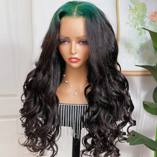 Klaiyi Green Colored Roots Lace Front Wig Pre Plucked Loose Wave with Baby Hair