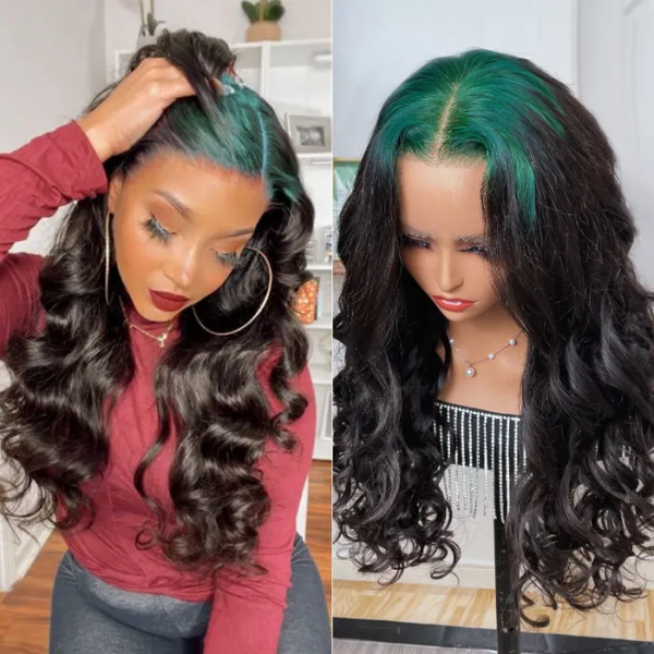 Klaiyi Green Colored Roots Lace Front Wig Pre Plucked Loose Wave with Baby Hair