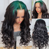 Klaiyi Green Colored Roots Lace Front Wig Pre Plucked Loose Wave with Baby Hair